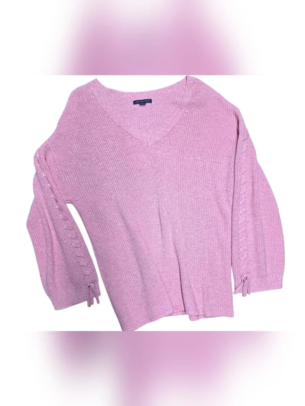 Pink Women's Sweater Braided Laces On Sleeves Large - Picture 5 of 5